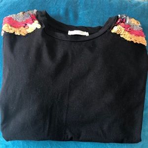 Zara Black Tee with Sequin Sleeves